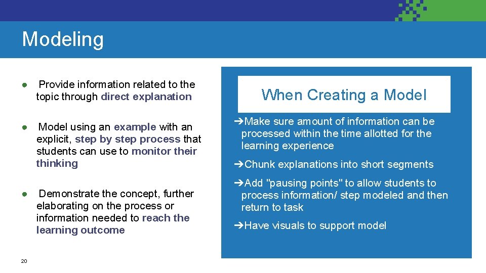 What it is: Modeling ● Provide information related to the topic through direct explanation