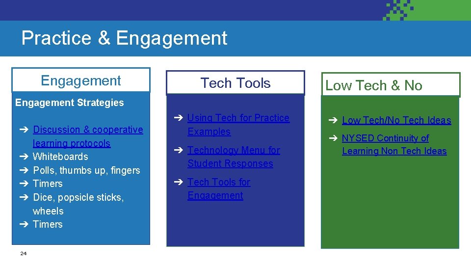 Practice & Engagement Tech Tools Engagement Strategies ➔ Discussion & cooperative learning protocols ➔