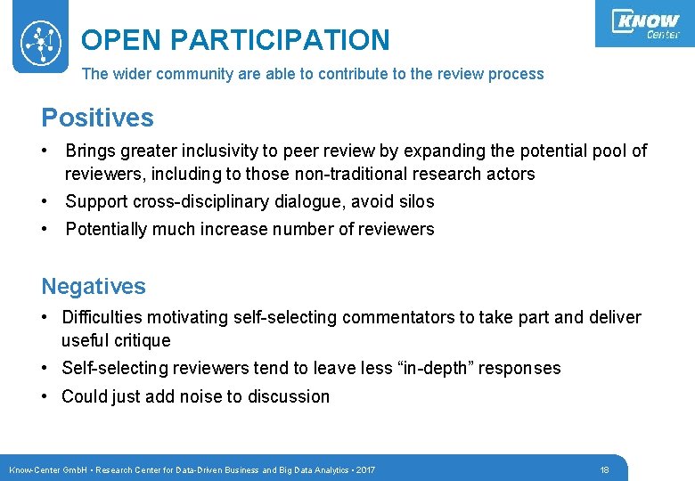 OPEN PARTICIPATION The wider community are able to contribute to the review process Positives