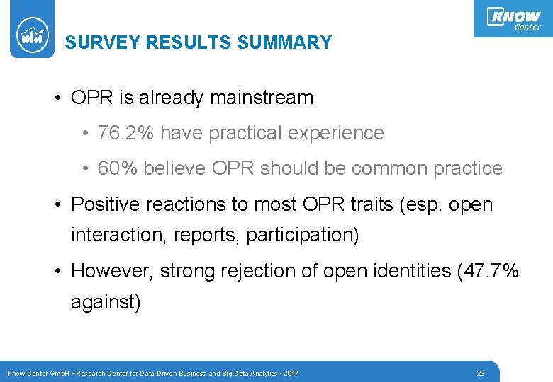 SURVEY RESULTS SUMMARY • OPR is already mainstream • 76. 2% have practical experience