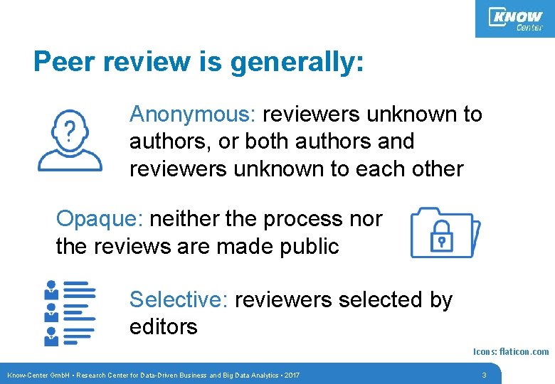 Peer review is generally: Anonymous: reviewers unknown to authors, or both authors and reviewers