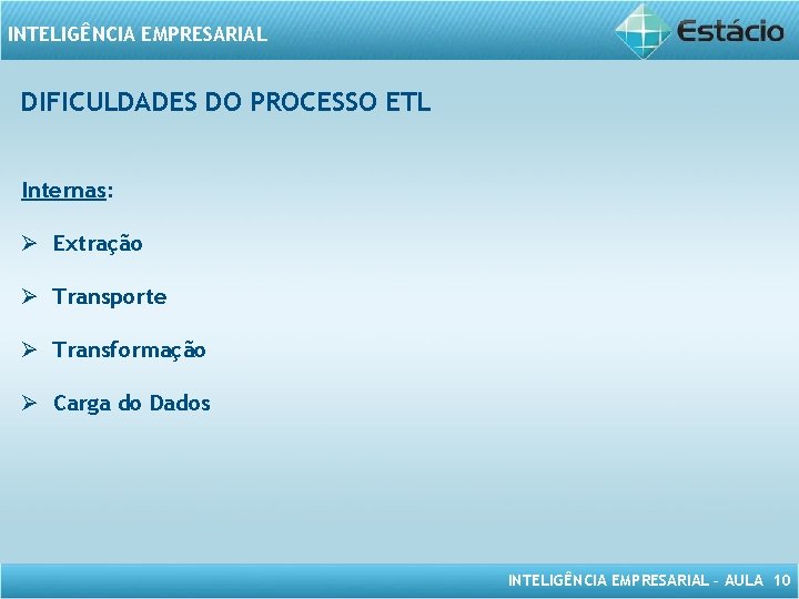 INTELIGÊNCIA EMPRESARIAL DIFICULDADES DO PROCESSO ETL Internas: Ø Extração Ø Transporte Ø Transformação Ø