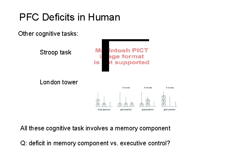 PFC Deficits in Human Other cognitive tasks: Stroop task London tower All these cognitive