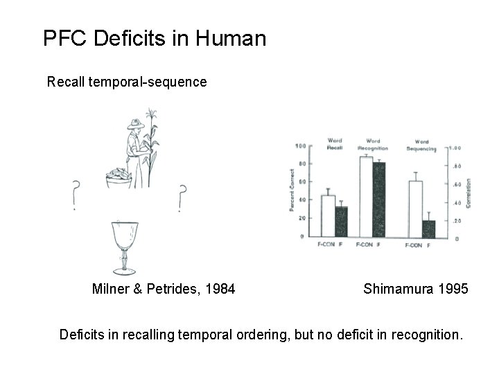 PFC Deficits in Human Recall temporal-sequence Milner & Petrides, 1984 Shimamura 1995 Deficits in