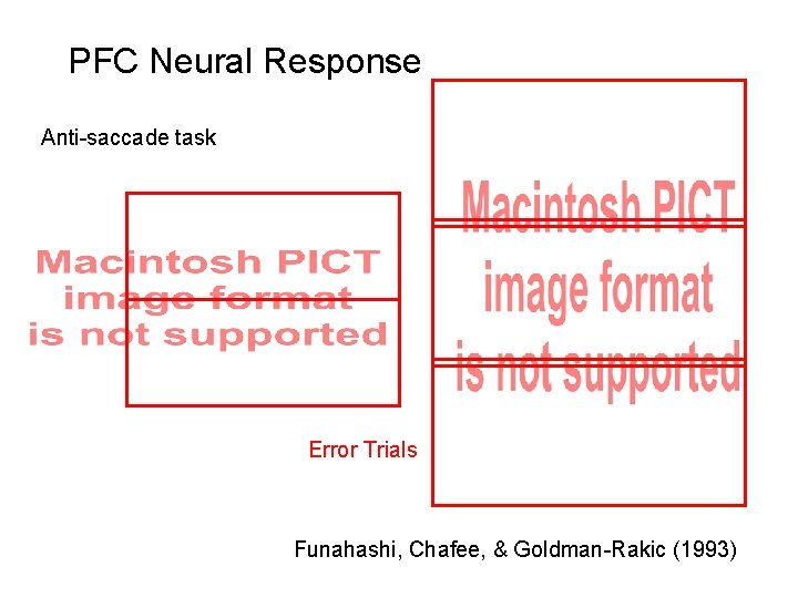 PFC Neural Response Anti-saccade task Error Trials Funahashi, Chafee, & Goldman-Rakic (1993) 