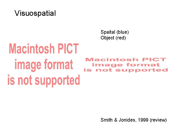 Visuospatial Spaital (blue) Object (red) Smith & Jonides, 1999 (review) 