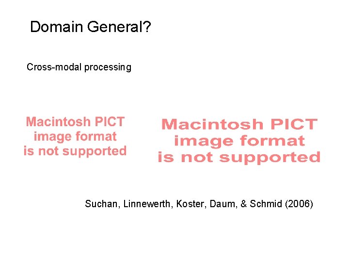 Domain General? Cross-modal processing Suchan, Linnewerth, Koster, Daum, & Schmid (2006) 