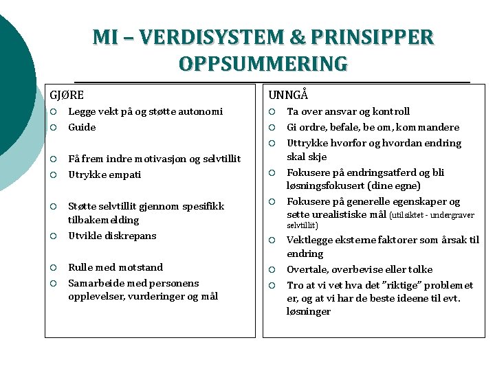 MI – VERDISYSTEM & PRINSIPPER OPPSUMMERING GJØRE ¡ ¡ Legge vekt på og støtte MI – VERDISYSTEM & PRINSIPPER OPPSUMMERING GJØRE ¡ ¡ Legge vekt på og støtte