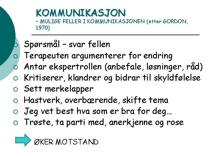 KOMMUNIKASJON – MULIGE FELLER I KOMMUNIKASJONEN (etter GORDON, 1970) ¡ ¡ ¡ ¡ Spørsmål KOMMUNIKASJON – MULIGE FELLER I KOMMUNIKASJONEN (etter GORDON, 1970) ¡ ¡ ¡ ¡ Spørsmål