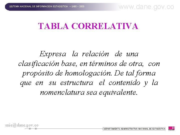 SISTEMA NACIONAL DE INFORMACION ESTADISTICA - SNIE - 2003 www. dane. gov. co TABLA