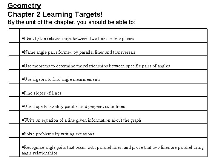 Geometry Chapter 2 Learning Targets! By the unit of the chapter, you should be