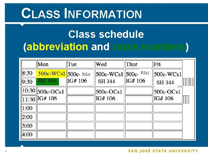 CLASS INFORMATION Class schedule (abbreviation and room numbers) 500 c-WCs 1 SH 344 *