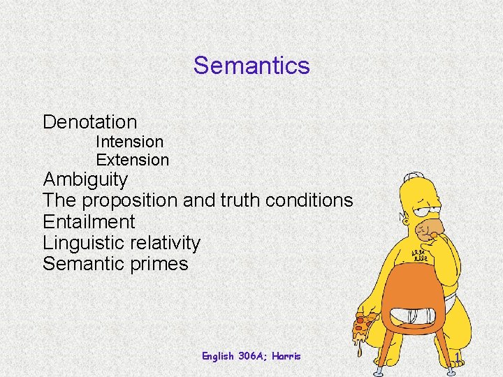 Semantics Denotation Intension Extension Ambiguity The proposition and truth conditions Entailment Linguistic relativity Semantic