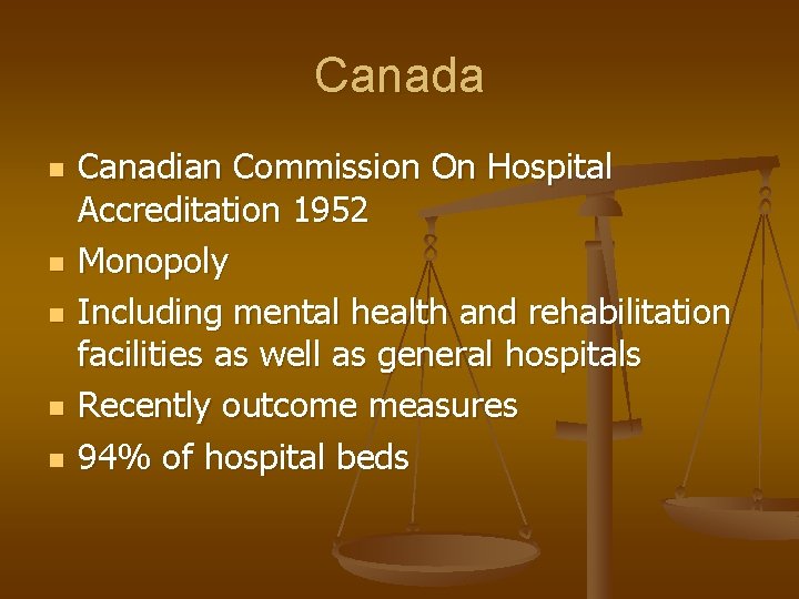 Canada n n n Canadian Commission On Hospital Accreditation 1952 Monopoly Including mental health