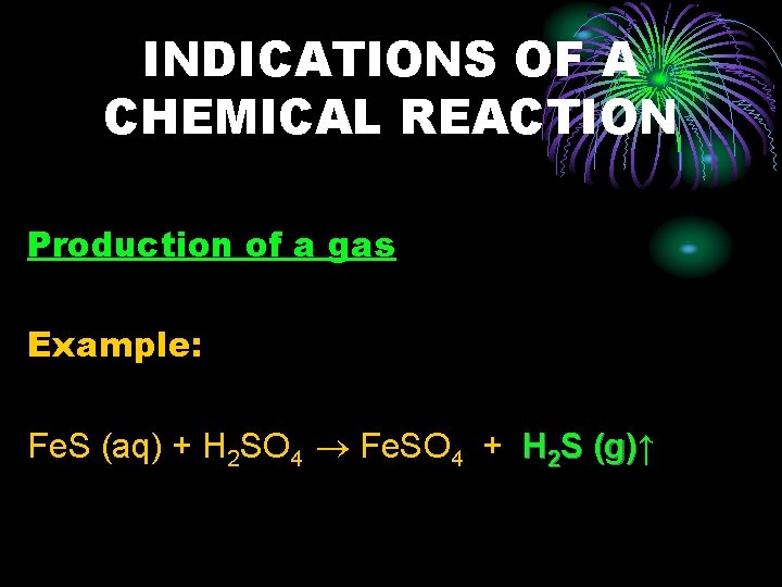 INDICATIONS OF A CHEMICAL REACTION Production of a gas Example: Fe. S (aq) +