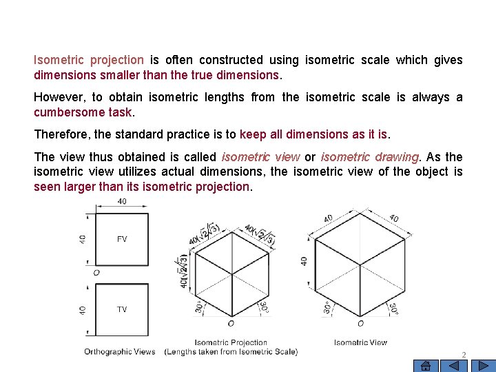 Isometric projection is often constructed using isometric scale which gives dimensions smaller than the