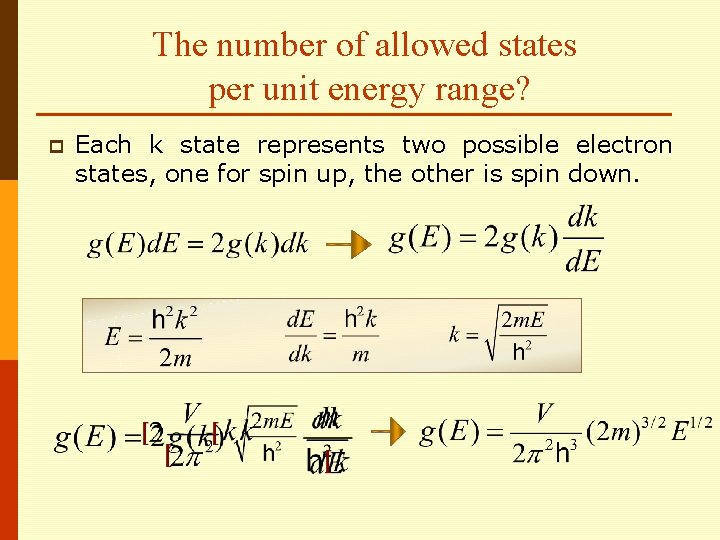 The number of allowed states per unit energy range? p Each k state represents The number of allowed states per unit energy range? p Each k state represents