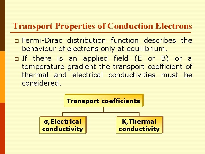 Transport Properties of Conduction Electrons p p Fermi-Dirac distribution function describes the behaviour of Transport Properties of Conduction Electrons p p Fermi-Dirac distribution function describes the behaviour of