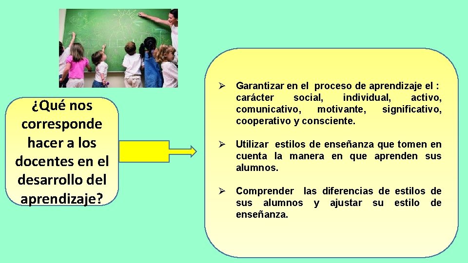 ¿Qué nos corresponde hacer a los docentes en el desarrollo del aprendizaje? Ø Garantizar