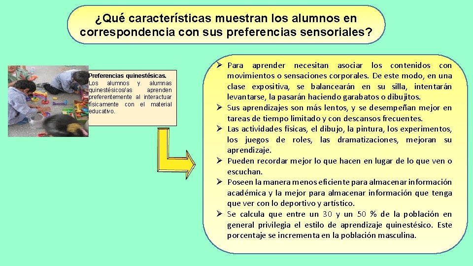 ¿Qué características muestran los alumnos en correspondencia con sus preferencias sensoriales? Preferencias quinestésicas. Los