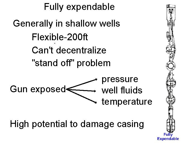 Fully expendable Generally in shallow wells Flexible-200 ft Can't decentralize "stand off" problem Gun