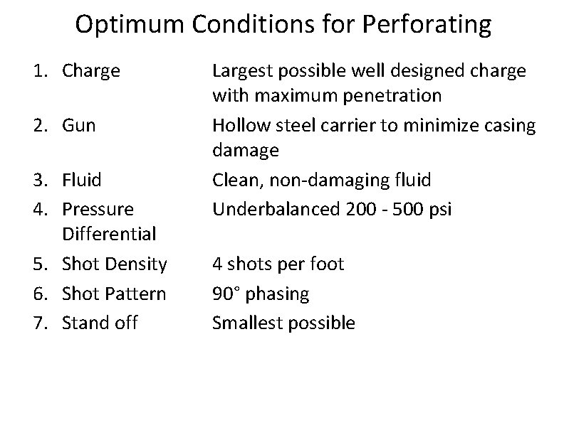 Optimum Conditions for Perforating 1. Charge 2. Gun 3. Fluid 4. Pressure Differential 5.