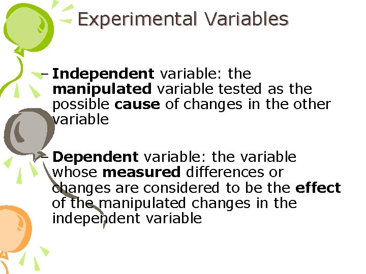 Experimental Variables – Independent variable: the manipulated variable tested as the possible cause of