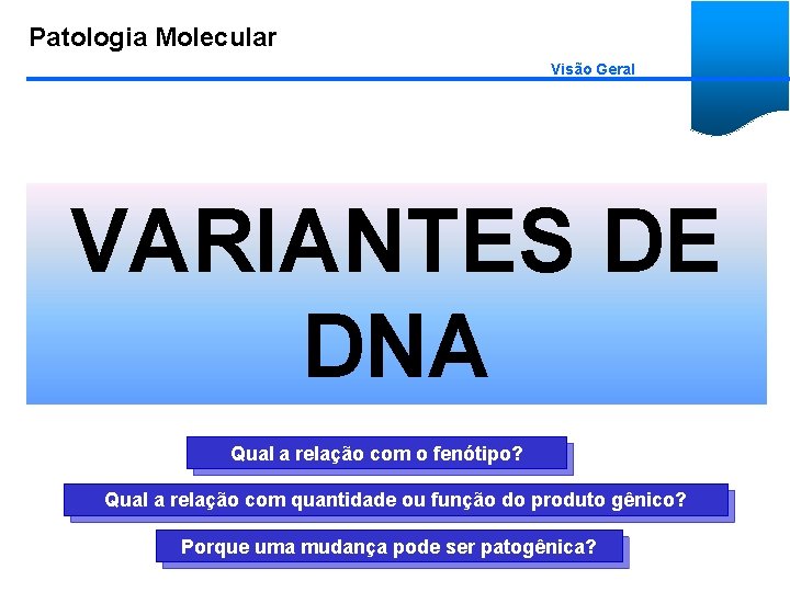 Patologia Molecular Visão Geral VARIANTES DE DNA Qual a relação com o fenótipo? Qual