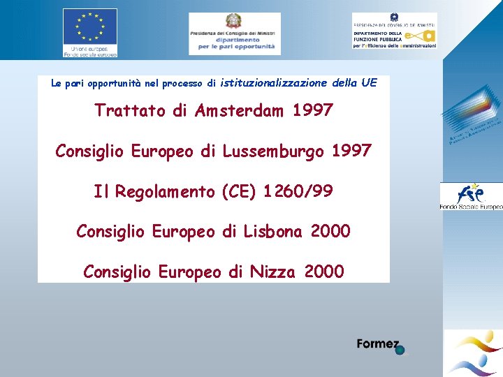 Le pari opportunità nel processo di istituzionalizzazione della UE Trattato di Amsterdam 1997 Consiglio