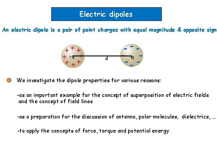 Electric dipoles An electric dipole is a pair of point charges with equal magnitude