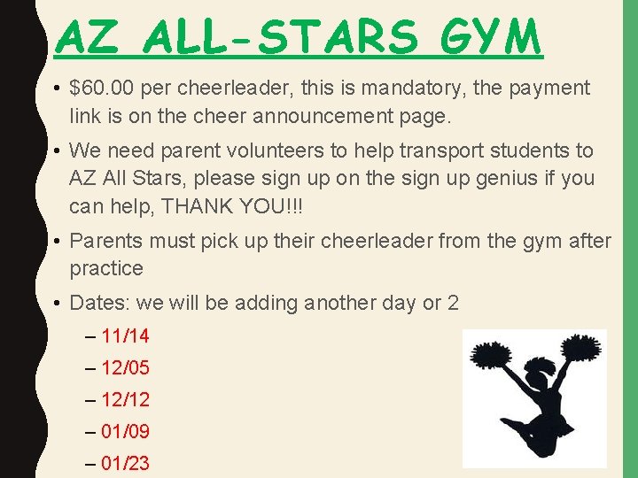 AZ ALL-STARS GYM • $60. 00 per cheerleader, this is mandatory, the payment link