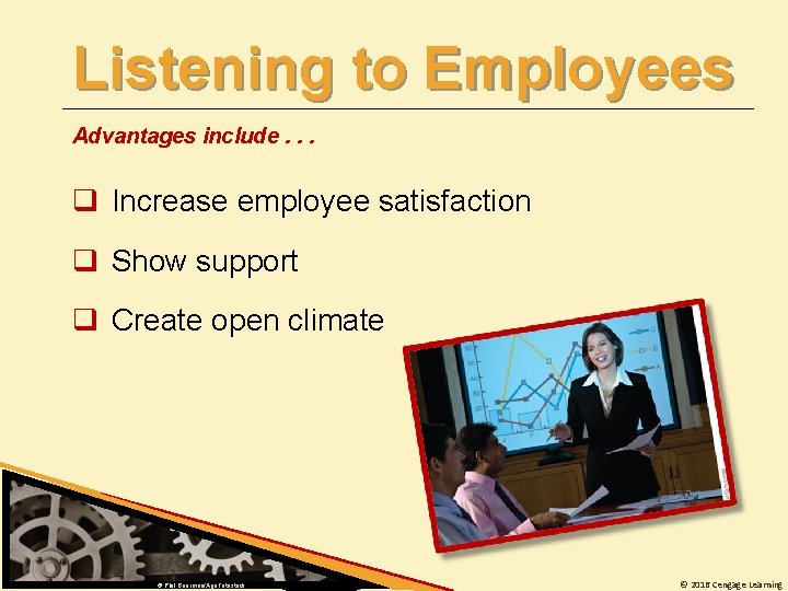 Listening to Employees Advantages include. . . q Increase employee satisfaction q Show support