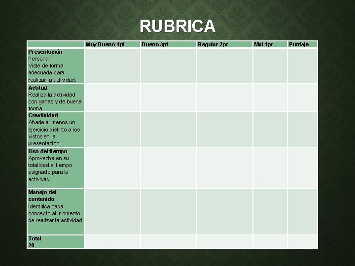 RUBRICA Muy Bueno 4 pt Presentación Personal Viste de forma adecuada para realizar la