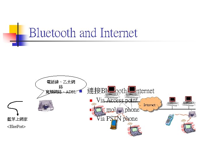 Bluetooth and Internet 電話線、乙太網 路 寬頻網路、ADSL n 連接Bluetooth與Internet n n 藍芽上網家 <Blue. Port> n