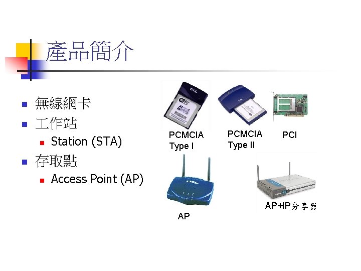 產品簡介 n n 無線網卡 作站 n n Station (STA) PCMCIA Type II PCI 存取點