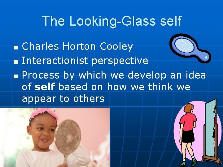 The Looking-Glass self n n n Charles Horton Cooley Interactionist perspective Process by which The Looking-Glass self n n n Charles Horton Cooley Interactionist perspective Process by which