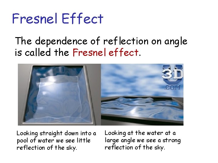 Fresnel Effect The dependence of reflection on angle is called the Fresnel effect. Looking