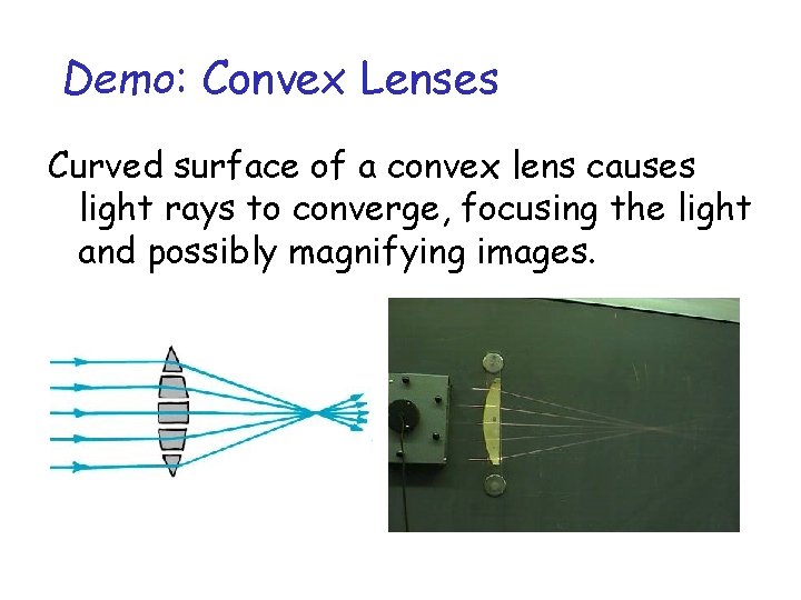 Demo: Convex Lenses Curved surface of a convex lens causes light rays to converge,
