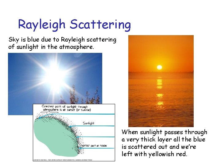 Rayleigh Scattering Sky is blue due to Rayleigh scattering of sunlight in the atmosphere.
