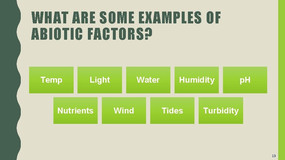 WHAT ARE SOME EXAMPLES OF ABIOTIC FACTORS? Temp Light Nutrients Water Wind Humidity Tides
