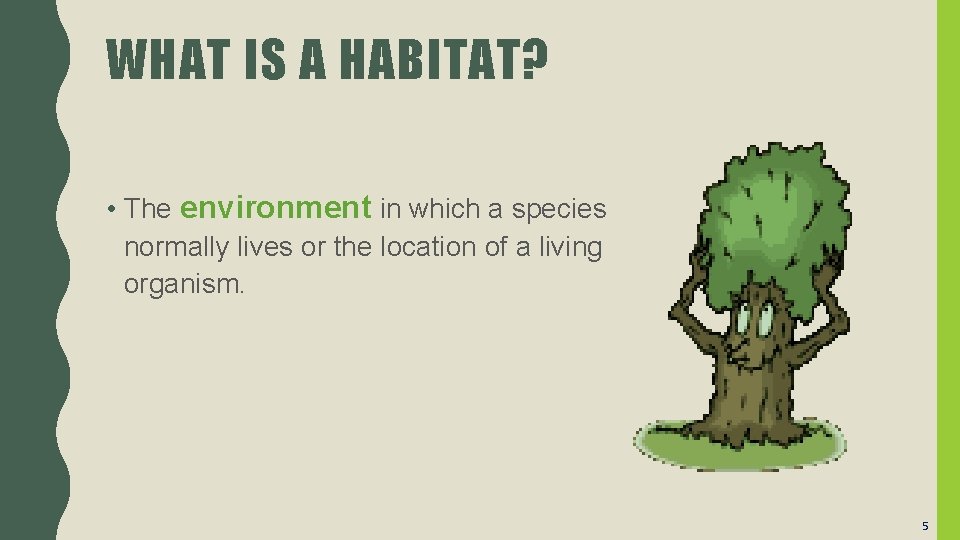 WHAT IS A HABITAT? • The environment in which a species normally lives or