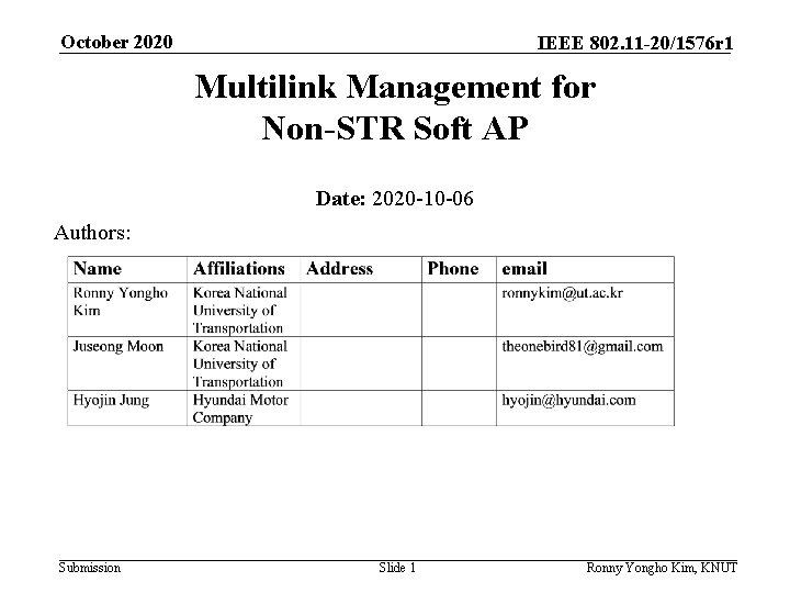 October 2020 IEEE 802. 11 -20/1576 r 1 Multilink Management for Non-STR Soft AP