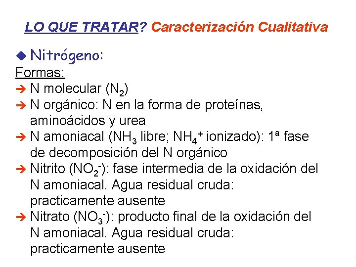 LO QUE TRATAR? Caracterización Cualitativa u Nitrógeno: Formas: è N molecular (N 2) è