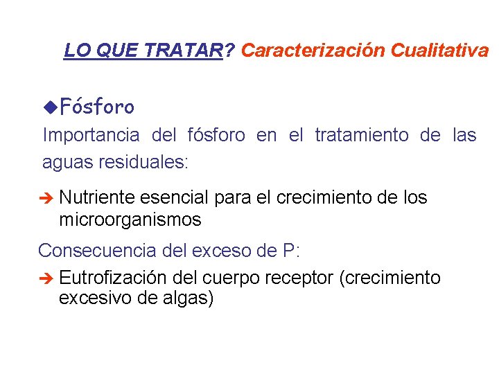 LO QUE TRATAR? Caracterización Cualitativa u. Fósforo Importancia del fósforo en el tratamiento de