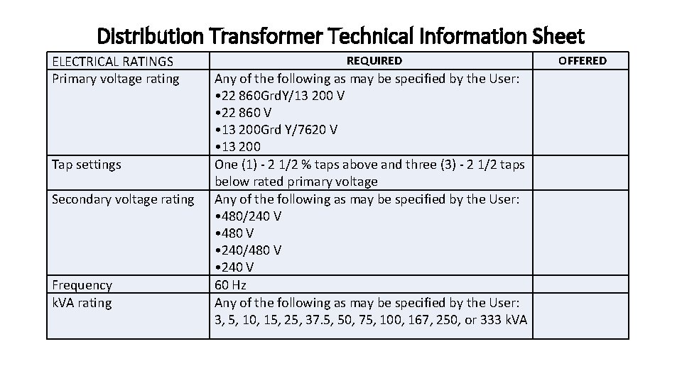 Distribution Transformer Technical Information Sheet ELECTRICAL RATINGS Primary voltage rating Tap settings Secondary voltage