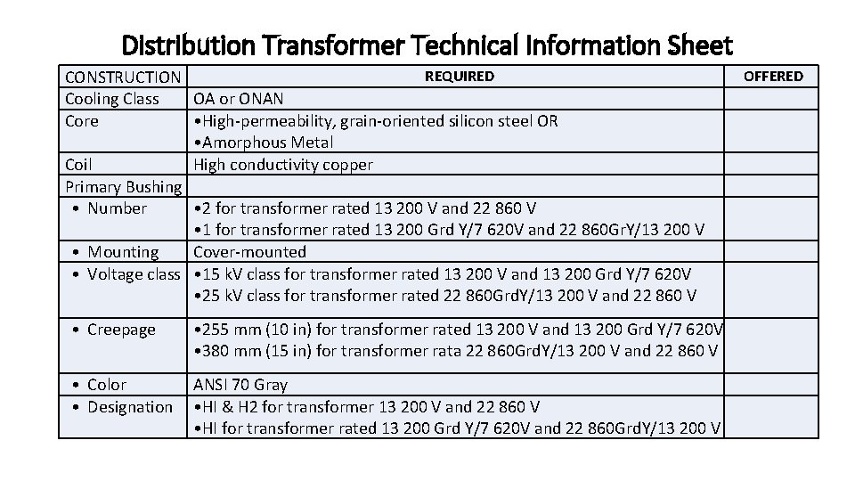 Distribution Transformer Technical Information Sheet REQUIRED CONSTRUCTION Cooling Class OA or ONAN Core •