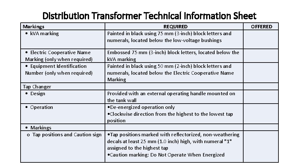 Distribution Transformer Technical Information Sheet Markings • k. VA marking • Electric Cooperative Name