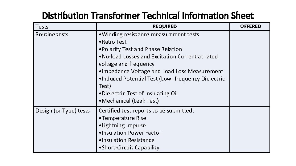 Distribution Transformer Technical Information Sheet Tests Routine tests Design (or Type) tests REQUIRED •