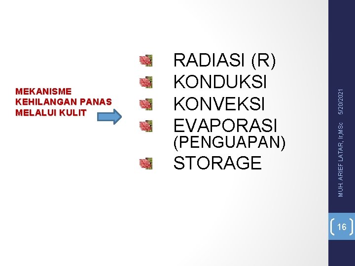 (PENGUAPAN) STORAGE 5/20/2021 MUH. ARIEF LATAR, Ir, MSc MEKANISME KEHILANGAN PANAS MELALUI KULIT RADIASI