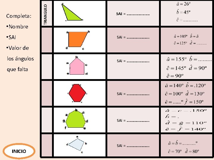 • Nombre • SAI TRIANGULO Completa: SAI = …………………. • Valor de los • Nombre • SAI TRIANGULO Completa: SAI = …………………. • Valor de los